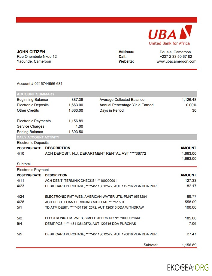 Relevé bancaire Cameroun UBA modèle facile à remplir au format Excel et PDF
